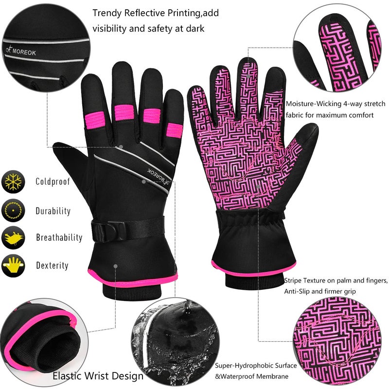 MOREOK Waterproof & Windproof -30Â°F Winter Gloves for Men/Women, 3M Thinsulate Thermal Gloves Touch Screen Warm Gloves for Skiing,Cycling,Motorcycle,Running-Pink-XS - Image 4